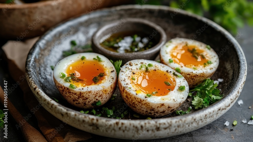 Close-up of gourmet soft-boiled eggs garnished with herbs and spices in a rustic bowl Close-up of gourmet soft-boiled eggs garnished with herbs and spices in a rustic bowl