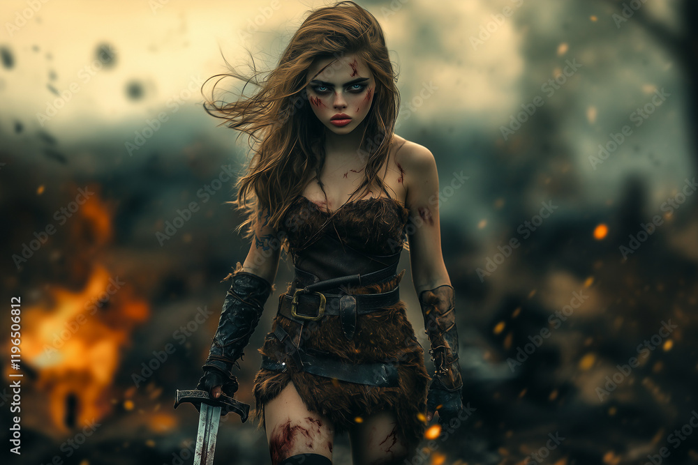 Obraz premium Beautiful warrior girl with a sword in her hands on a scorched earth battlefield background.