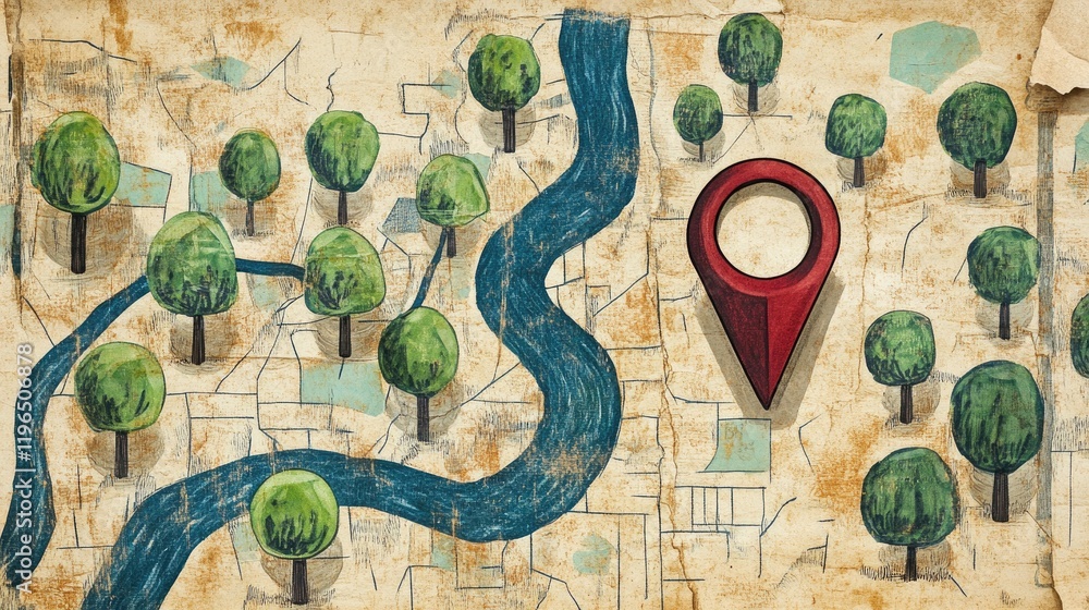 Obraz premium Artistic hand-drawn map with trees, rivers, and a bold search icon on aged paper