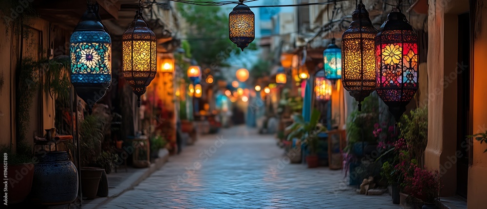 Illuminated alleyway with hanging lanterns. Illuminated alleyway with hanging lanterns.