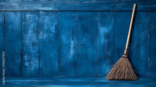 Wallpaper Mural A rustic broom rests against a vibrant blue wooden wall, creating a striking contrast and a homey atmosphere Torontodigital.ca