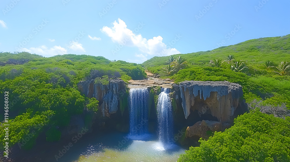 Fototapeta premium A serene waterfall cascades over rocky cliffs, surrounded by lush greenery under a bright blue sky, creating a tranquil natural scene
