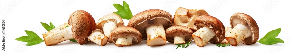 Fototapeta premium Fresh shiitake mushrooms with parsley leaves, isolated on white background.