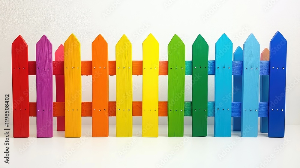Bright picket fence segments in rainbow colors arranged in a dynamic pattern on a simple white surface. Bright picket fence segments in rainbow colors arranged in a dynamic pattern on a simple white surface.