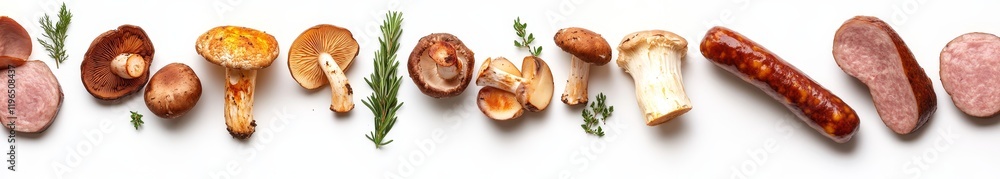 Gourmet food arrangement with mushrooms and sausage on white background. Gourmet food arrangement with mushrooms and sausage on white background.