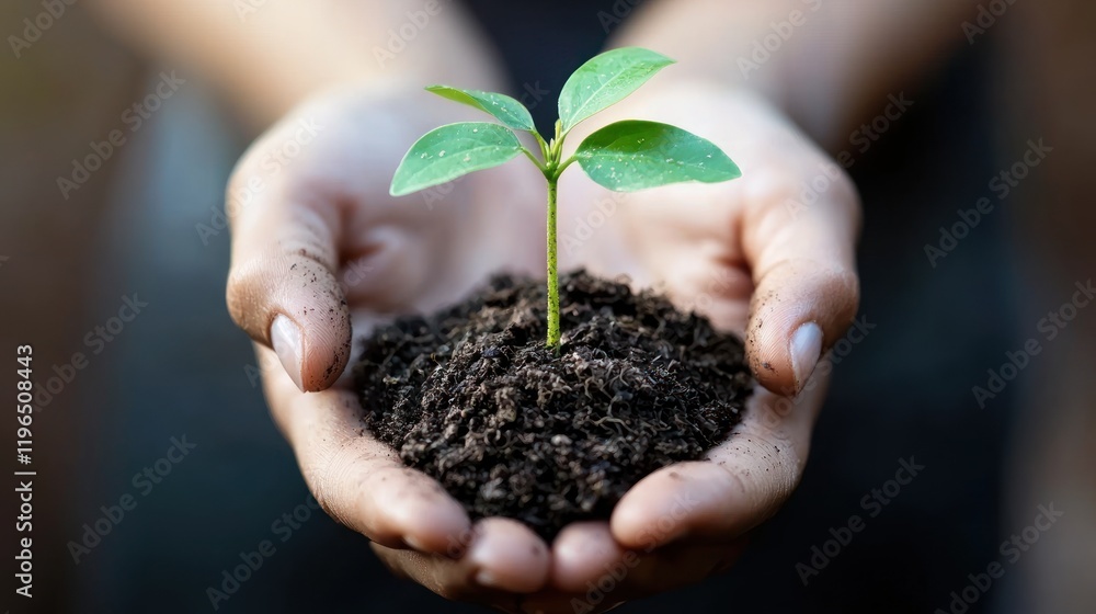A pair of hands holding a young seedling, symbolizing sustainability and environmental care A pair of hands holding a young seedling, symbolizing sustainability and environmental care