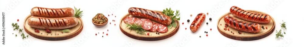 Grilled sausages on wooden boards with herbs and spices. (2) Grilled sausages on wooden boards with herbs and spices. (2)