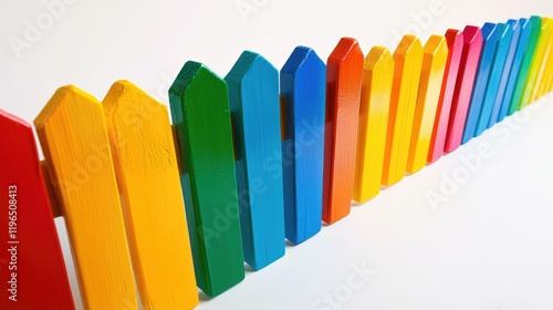 Bright picket fence segments in rainbow colors arranged in a dynamic pattern on a simple white surface.