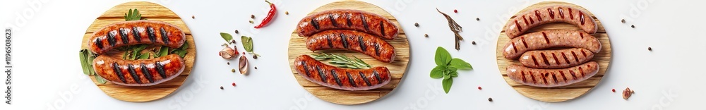 Grilled sausages on wooden boards with herbs and spices. (1) Grilled sausages on wooden boards with herbs and spices. (1)