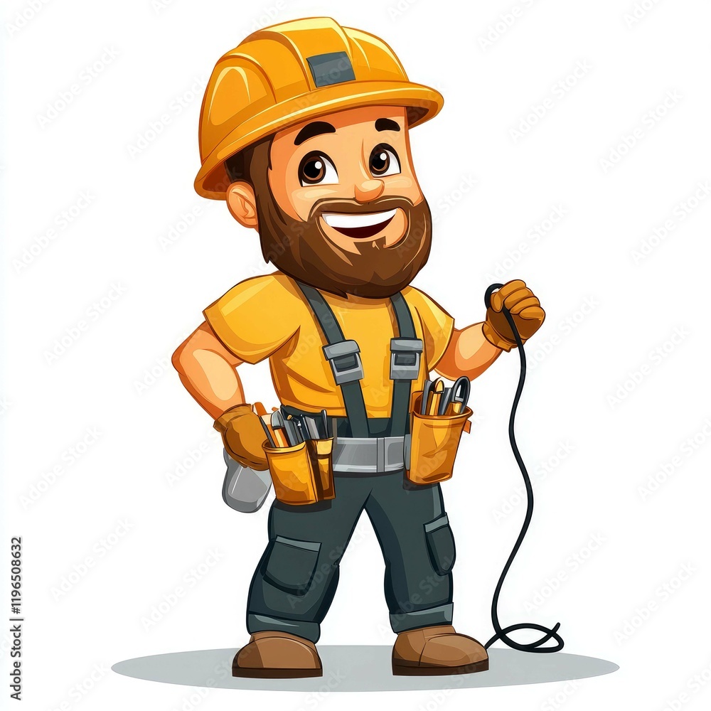 Fototapeta premium Bearded Cartoon Repairman with Tools: Handyman, Electrician, Construction Worker, Industrial, Professional