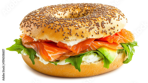  Closeup of a healthy smoked salmon bagel sandwich with cream cheese and avocado isolated on a white background
