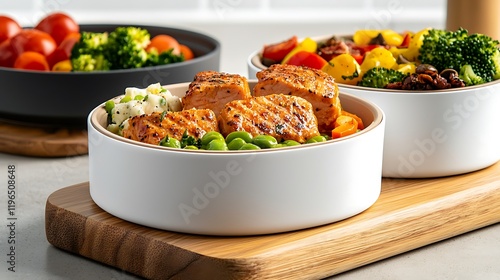 A vibrant meal featuring salmon, vegetables, and grains served in stylish bowls on a wooden board, ideal for healthy eating.