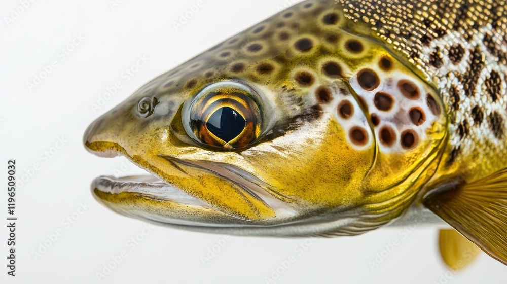 Close-up of a brown trout's intricate patterns and eye detail, highlighting its freshwater beauty on a white backdrop Close-up of a brown trout's intricate patterns and eye detail, highlighting its freshwater beauty on a white backdrop