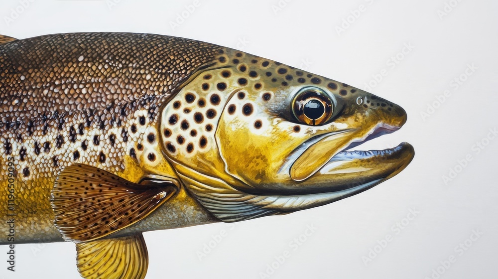 Close-up of a brown trout's intricate patterns and eye detail, highlighting its freshwater beauty on a white backdrop Close-up of a brown trout's intricate patterns and eye detail, highlighting its freshwater beauty on a white backdrop
