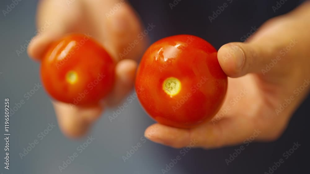 Two people holding two tomatoes. One is slightly larger than the other. Scene is lighthearted and playful Two people holding two tomatoes. One is slightly larger than the other. Scene is lighthearted and playful