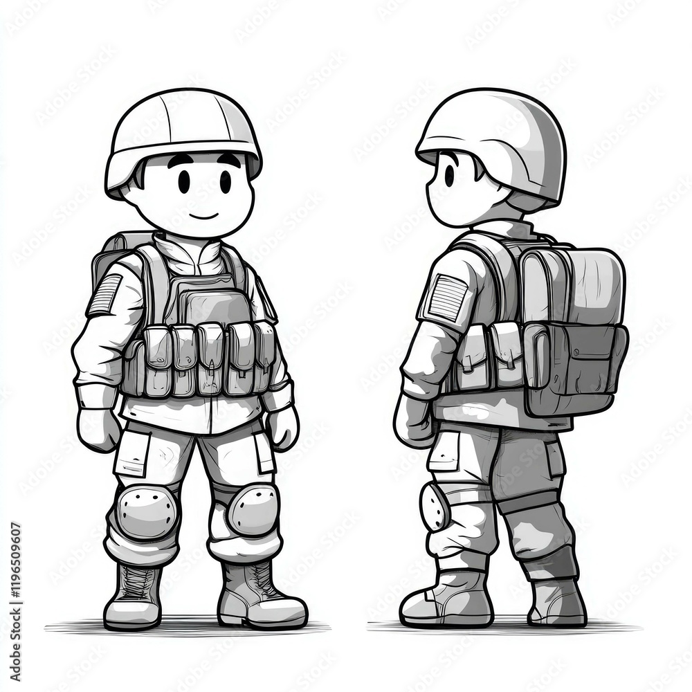 Obraz premium Cartoon Soldier Illustration: Black and White Military Character Design