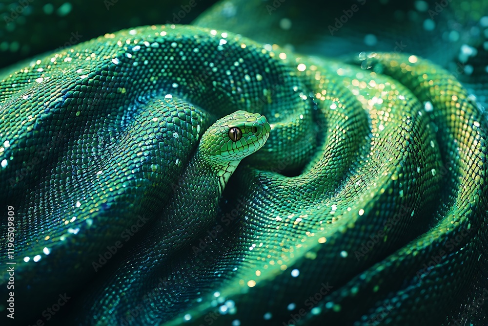 Fototapeta premium Close-up of a Vivid Green Snake Showcasing Its Bold Color and Patterns