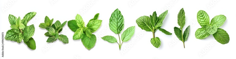 Assorted fresh mint sprigs isolated on white. Assorted fresh mint sprigs isolated on white.
