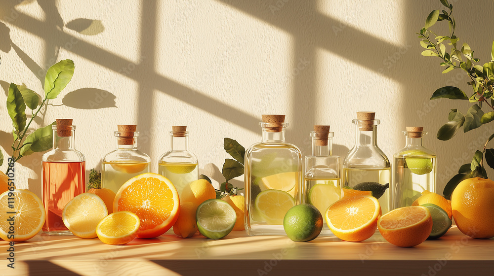 A fresh and vibrant display of citrus-based beauty products, with sliced oranges, lemons, and limes arranged next to glass bottles of natural oils, highlighting freshness and natural ingredients. A fresh and vibrant display of citrus-based beauty products, with sliced oranges, lemons, and limes arranged next to glass bottles of natural oils, highlighting freshness and natural ingredients.