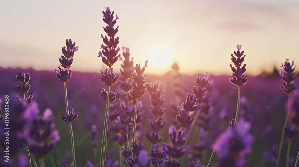 Obraz premium A field of purple lavender swaying gently in the breeze, with the setting sun painting the horizon in soft pink hues