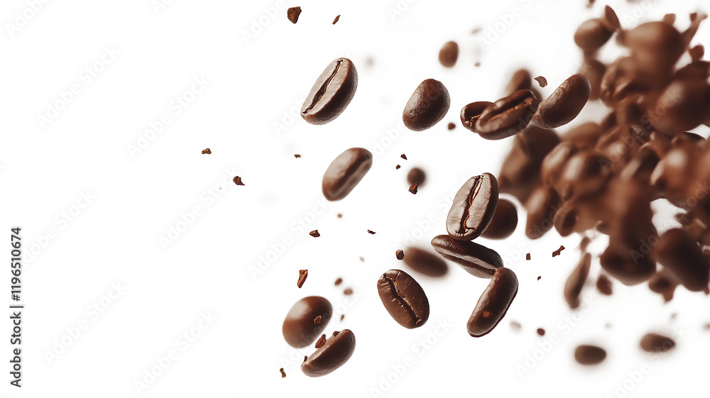 Falling coffee beans closeup frame isolated on a white background Falling coffee beans closeup frame isolated on a white background