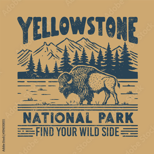 Yellowstone National Park, WY, USA Illustration Clip Art Design Shape. Bison Animal Silhouette Icon Vector.