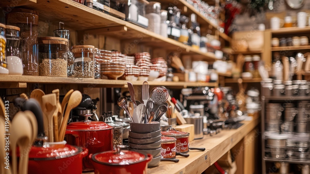 Rustic Kitchenware Store: A Display of Wooden Shelves Filled with Cookware, Utensils, and Spices Rustic Kitchenware Store: A Display of Wooden Shelves Filled with Cookware, Utensils, and Spices