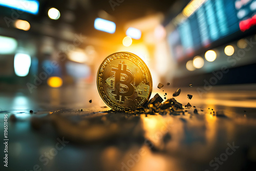 A glowing Bitcoin coin lies fractured on a surface, symbolizing the volatility and impact of cryptocurrency in a digital financial landscape. photo