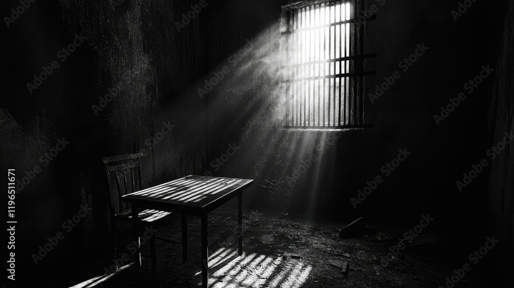 Dark prison cell with a single table and a faint ray of light entering through the barred window, somber atmosphere Dark prison cell with a single table and a faint ray of light entering through the barred window, somber atmosphere