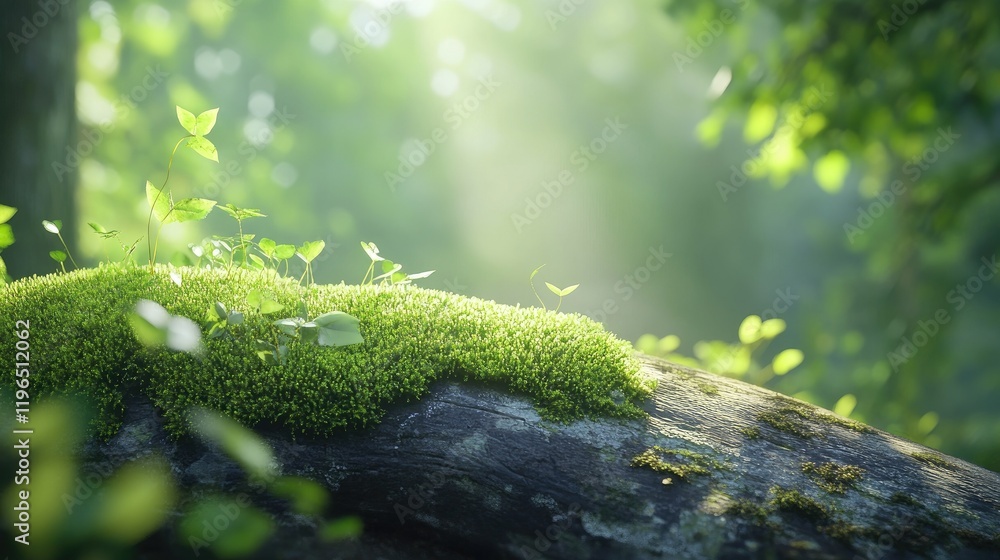 Detailed image of vibrant green moss on a log, with a softly blurred background creating a serene natural scene Detailed image of vibrant green moss on a log, with a softly blurred background creating a serene natural scene