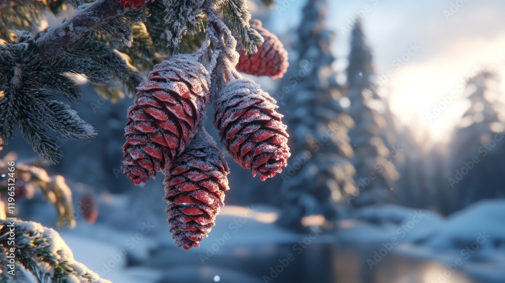 Frozen Pine Cones in a Snowy Winter Forest Frozen Pine Cones in a Snowy Winter Forest