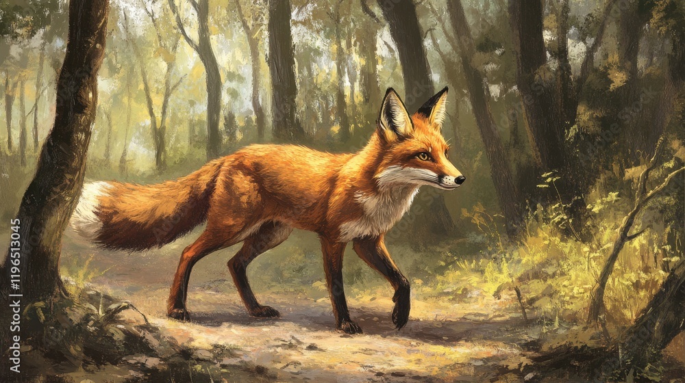 Obraz premium Majestic Fox Walking Through a Sunlit Forest Path