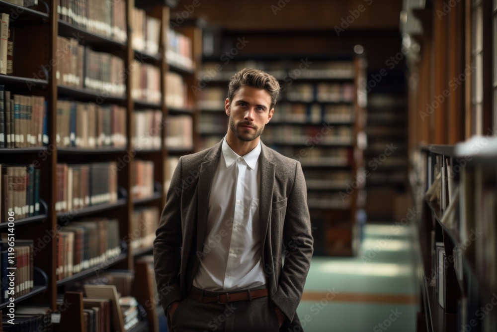 A man in a suit stands in a library with bookshelves behind him A man in a suit stands in a library with bookshelves behind him