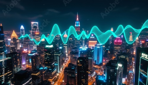 A vibrant cityscape illuminated by pulsating radiowaves at night, with neon blue and green patterns