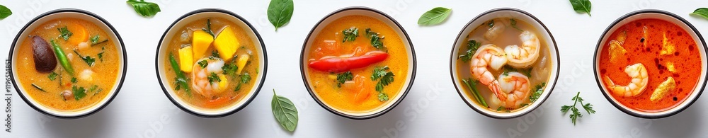 Five bowls of delicious shrimp soup with various ingredients. Five bowls of delicious shrimp soup with various ingredients.