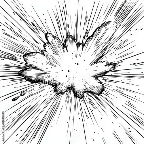 Dynamic Comic Book Explosion: High-Energy Black and White Graphic Design. Perfect for action scenes, manga, and visual effects.  A powerful burst of speed and motion. photo