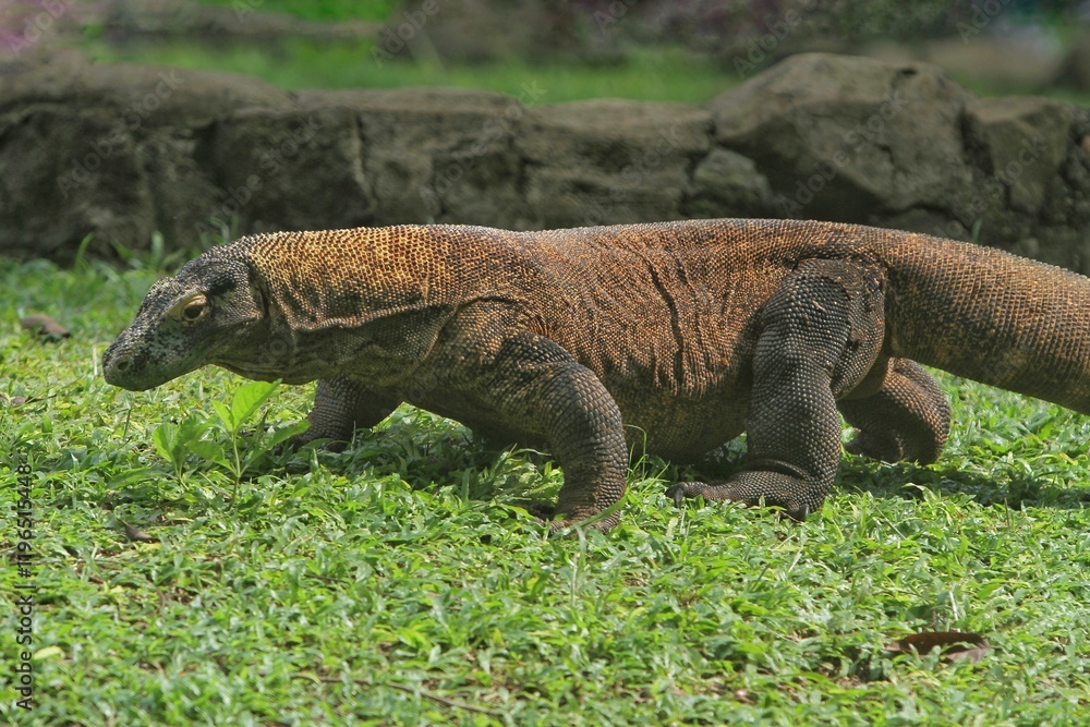 a Komodo dragon crawling on the grass in the morning a Komodo dragon crawling on the grass in the morning