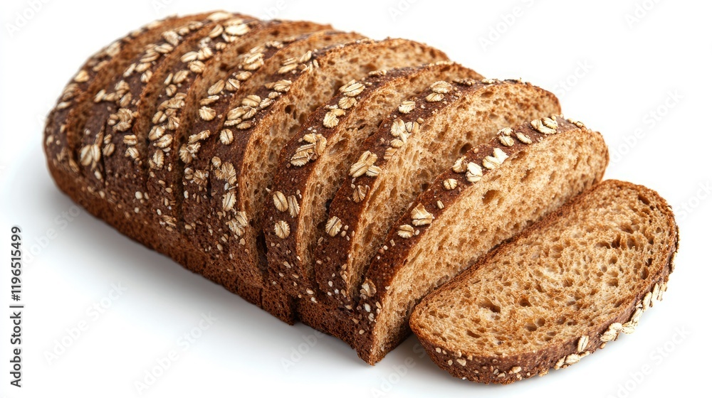 Freshly sliced whole grain bread arranged on a light background, highlighting its rich texture Freshly sliced whole grain bread arranged on a light background, highlighting its rich texture
