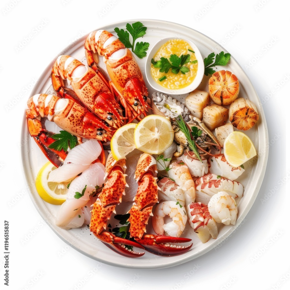 A plate of elegant seafood platter with lobster tail, crab legs, and scallops A plate of elegant seafood platter with lobster tail, crab legs, and scallops