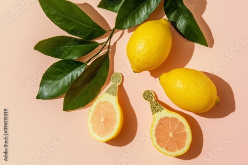 Wallpaper Mural Two whole lemons, two lemon halves with stems, and green leaves on a peach background. Torontodigital.ca
