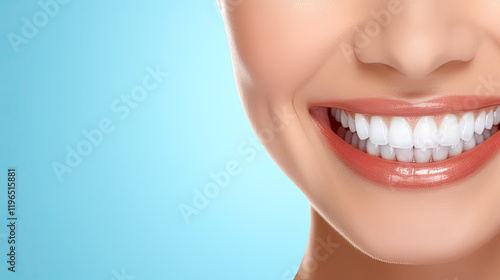 Close-up of a Woman's Bright, Healthy Smile against a Light Blue Background