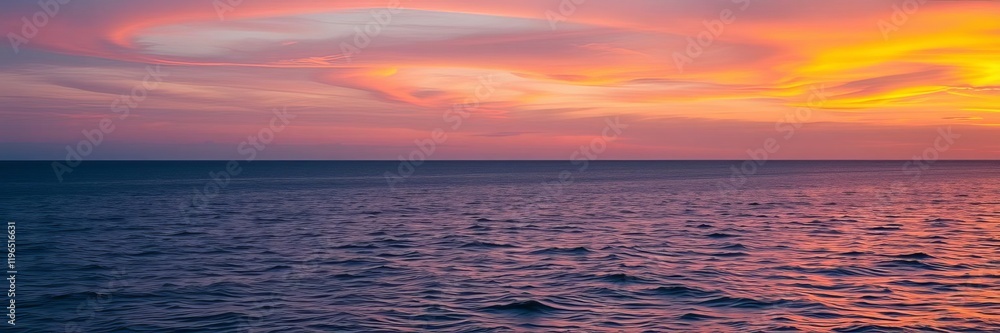 Fototapeta premium vibrant sunset casting pink and orange hues over tranquil ocean waters, vibrant, horizon, dusk