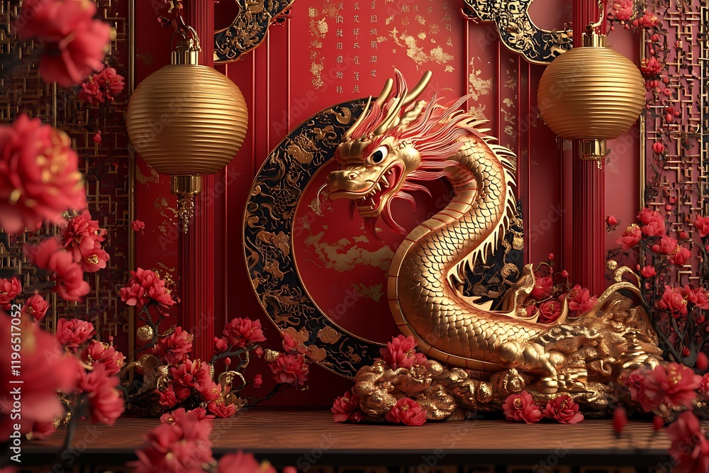Fototapeta premium Rendered 3D Illustration for Happy Chinese New Year with Red Lanterns and Symbols