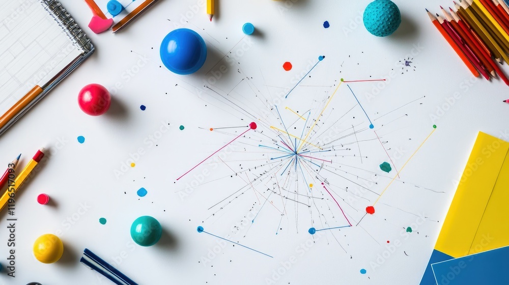 Hand-sketched map with dotted lines, colorful points, and location markers on a white workspace Hand-sketched map with dotted lines, colorful points, and location markers on a white workspace