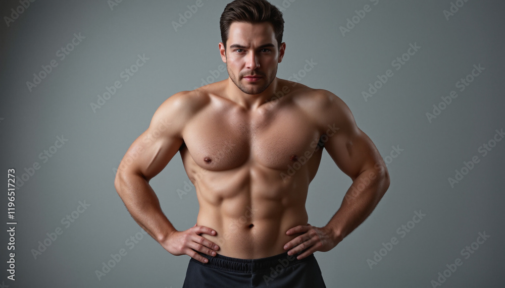 Angry muscular man standing akimbo with arms on hips, illuminated by diffused daylight in a plain backdrop Angry muscular man standing akimbo with arms on hips, illuminated by diffused daylight in a plain backdrop
