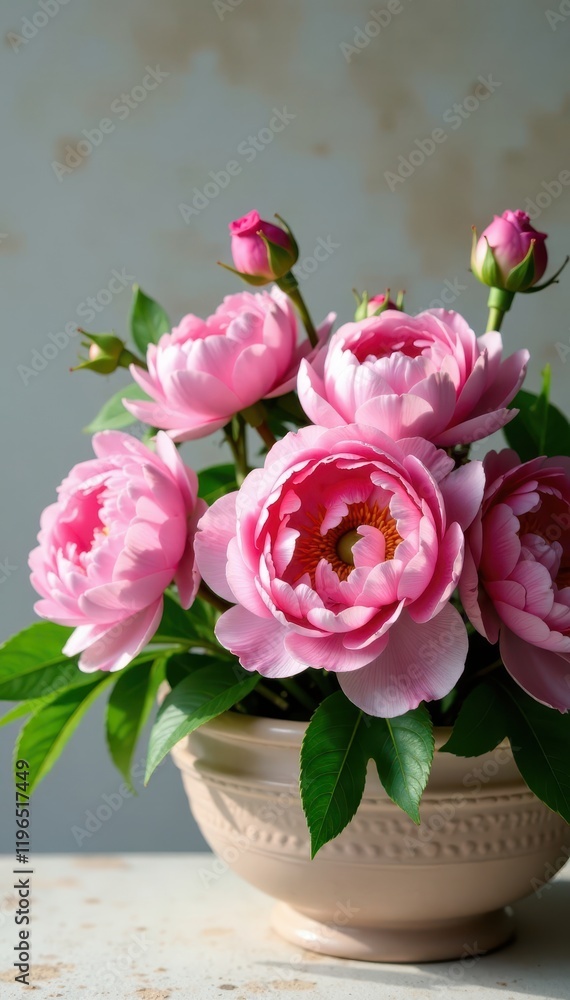 Pink peonies and roses arrangement in a decorative bowl with greenery, cut flowers, flowers, garden flowers Pink peonies and roses arrangement in a decorative bowl with greenery, cut flowers, flowers, garden flowers