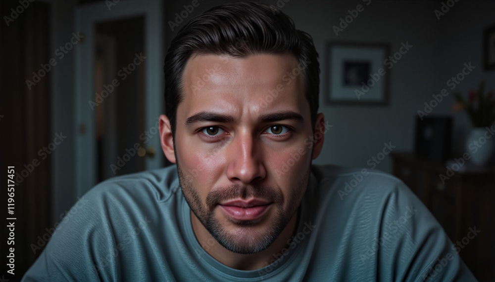 Adult man glaring at camera in soft indoor lighting, emphasizing intense direct eye contact Adult man glaring at camera in soft indoor lighting, emphasizing intense direct eye contact
