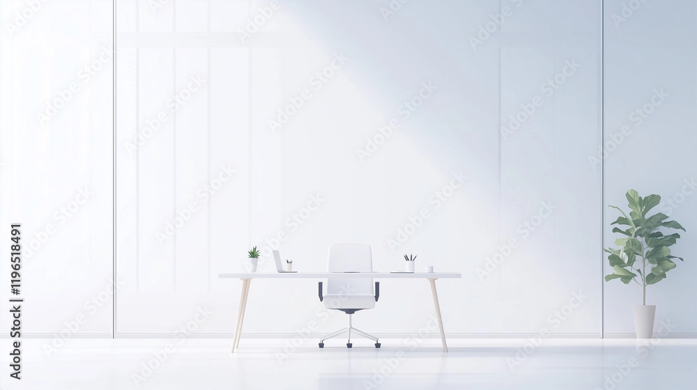 Fototapeta premium Minimalist Workspace Serenity: A pristine white office interior, bathed in soft light, features a sleek white desk with an ergonomic chair, a potted plant, and minimalistic decor.
