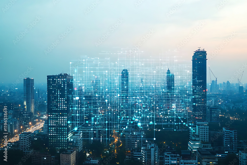 Fototapeta premium New Delhi city in the future. skyline of skyscrapers and the digital data stream connecting buildings