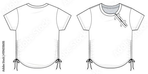 Ruched Side Tie baby tee Technical Fashion Illustration. T-Shirt with Asymmetrical Neckline with Bow Detail and Adjustable Side Drawstrings Vector Template. Front, back View. Relaxed Fit. CAD Mockup.